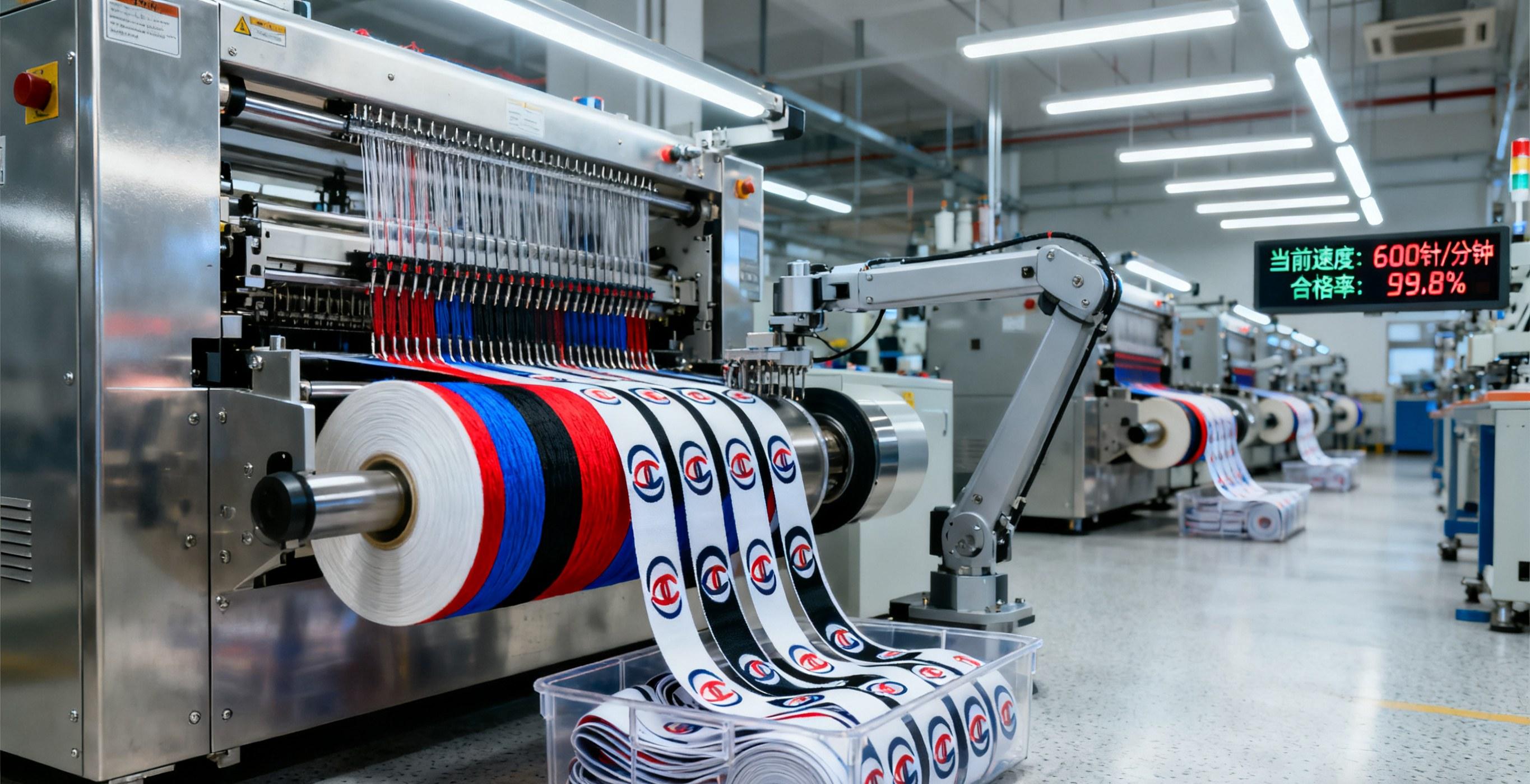 High-speed weaving machine producing custom woven labels for fashion brands.